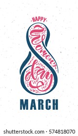 Happy Woman's Day text as celebration badge, tag, icon. Card invitation, template. Festivity background. Lettering typography poster. Banner on textured background. Vector illustration EPS 10. 
