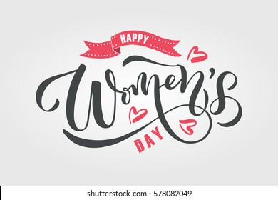 Happy Woman's Day text as celebration badge, tag, icon. Text card invitation, template. Festivity background. Lettering typography poster. Vector illustration EPS 10. 