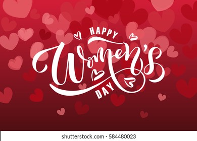 Happy Woman's Day text as celebration badge, tag, icon. Text card invitation, template. Festivity background. Lettering typography poster. Banner on textured background. Vector illustration EPS 10. 