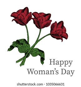 Happy woman's day vector card with hand drawn sketch red tulip on white background.
