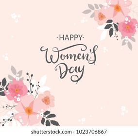 Happy Woman's Day vector design for greeting cards and poster. Hand lettering text isolated on pink background. Design template celebration. Vector illustration.