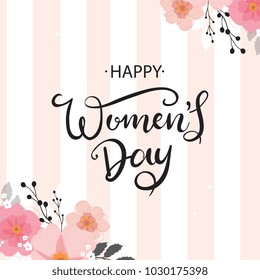 Happy Woman's Day vector design for greeting cards and poster. Hand lettering text isolated on pink background. Design template celebration. Vector illustration.