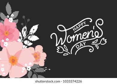 Happy Woman's Day vector design for greeting cards and poster. Hand lettering text isolated on pink background. Design template celebration. Vector illustration.