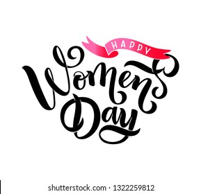 Happy Woman's Day vector hand drawn text design, pink ribbon for celebration card, badge, tag, icon. Greeting callgraphy lettering Woman's Day invitation, template, banner. Lettering typography poster
