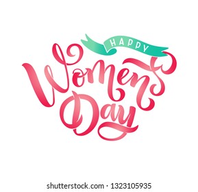 Happy Woman's Day vector hand drawn text design, pink ribbon for celebration card, badge, tag, icon. Greeting callgraphy lettering Woman's Day invitation, template, banner. Lettering typography poster