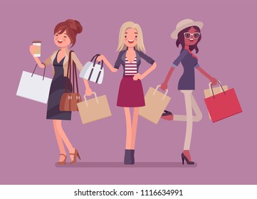 Happy women after shopping. Three elegant ladies buy in a store, glamour female customers carrying purchases, enjoy spending money for new cloth and accessories. Vector flat style cartoon illustration