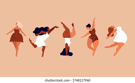 Happy Women. Body Positive Vertical Cards. Love Yourself, Your Body Concept. Female Freedom, Girl Power Or International Women's Day Vector Illustration.