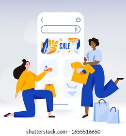Happy women buying clothes. Online shop screen template. Sale promotion and shopaholic, Black Friday concept illustration in flat style.
