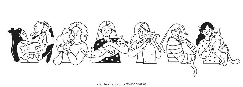 Mujeres felices acariciando los iconos lineales de los gatos adorables colección. Dueñas de mascotas con personajes de animales domésticos sobre fondo blanco