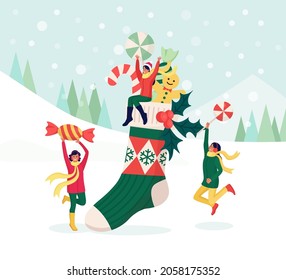 Happy Women Celebrating Christmas Party. Female Characters Puts Gifts, Sweets in Big Red Sock. Preparation for Winter Holidays. Xmas Eve. Merry Christmas and New Year. Vector illustration