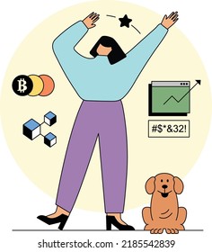 happy women character with crypto currenct vector illustration