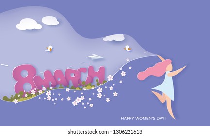 Happy Women Day 8 March holiday illustration. Paper cut girl running cutout blue sky for spring landscape. Horizontal format design for web banner and greeting card. Vector illustration.