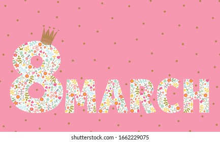 Happy women day (8 march) greeting card with cute vector spring flowers.  