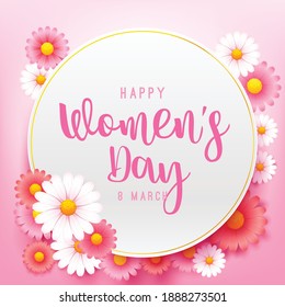 Happy women day 8 march text calligraphy with beautiful flower and circle blank paper frame on light pink background, with cloud and shadows element, for international women's day holiday 