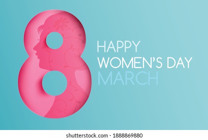 Happy women day 8 march text calligraphy paper cut style on a light blue background, for international women's day holiday vector illustration