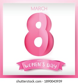Happy women day 8 march text calligraphy paper cut style with a pink ribbon on a light pink background, for international women's day holiday vector illustration