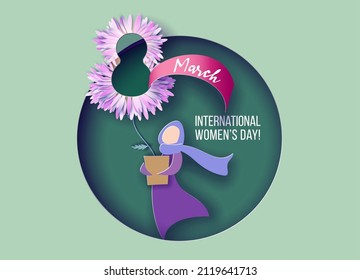 Happy Women Day 8 March holiday card. Paper cut Muslim girl holding pot with flower. Design for web banner and greeting card. Vector illustration.