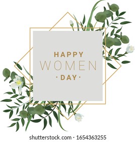 Happy women day (8 marth) greeting card set with realistic vector spring flowers (anemone, crocus, white daffodil) green branches, and typography. 