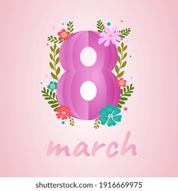 Happy Women Day 8th march holiday greeting card. 3D papercut female symbol with beautiful spring flowers. 
