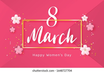 Happy women day background with flower in paper cut style. Vector illustration digital craft paper art. wallpaper, backdrop, banner, advertising display.