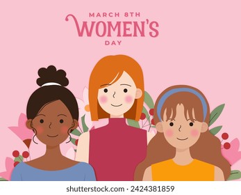 Tarjeta del Día de la Mujer Feliz con mujeres de diferentes etnias y culturas que están juntas. Las chicas fuertes y valientes se apoyan unas a otras. Hermandad y amistad femenina. Vector