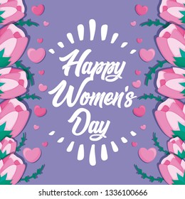 happy women day card with flowers and hearts