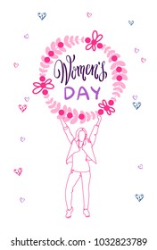 Happy Women Day Decoration Banner Card 8 March Holiday Background In Doodle Vector Illustration