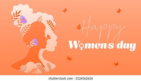 Happy women day. Design for greeting cards, romantic poster or banner. Gift for wife, sister, mother or grandmother. Spring picture, abstract female silhouette. Cartoon flat vector illustration