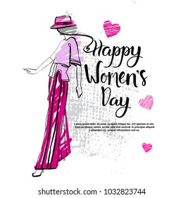 Happy Women Day Fashion Template Background Creative Hand Drawn Calligraphy Lettering Vector Illustration