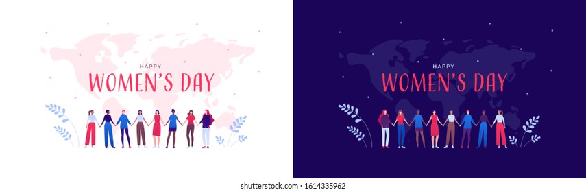 Happy women day feminist card concept. Vector flat person modern illustration set. Group of various ethnic woman holding hands in row on world map background. Design for international holiday banner.