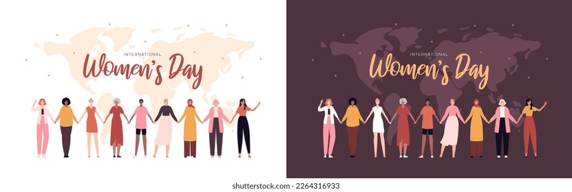 Happy women day feminist card concept. Vector flat person modern illustration set. Group of various ethnic woman holding hands in chain on world map background. Design for international holiday banner