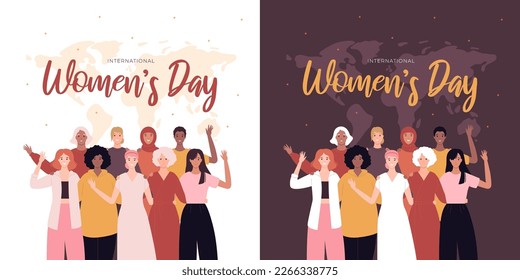 Happy women day feminist card concept. Vector flat person illustration set. Square banner template. Group of various ethnic woman embrace on world map background. Design for international holiday