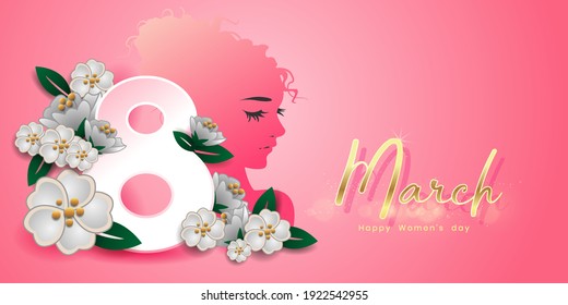Happy Women Day greeting card illustration.  
papercut female symbol with beautiful spring decoration, design for international women's event.