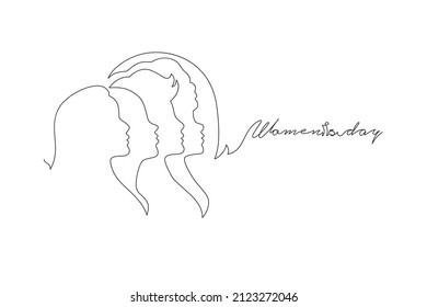 Happy Women Day greeting card illustration. Continuous line drawing diverse woman silhouette. Young girl team together for march 8th international womens event. Vector illustration.