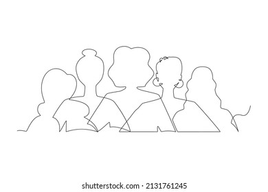 Happy Women Day greeting card illustration. Continuous line drawing diverse woman silhouette. Young girl team together for march 8th international womens event. Vector illustration.