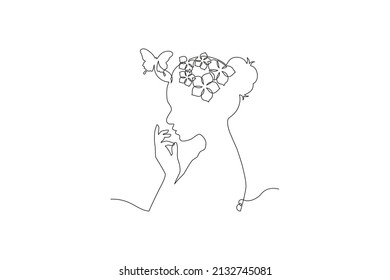 Happy Women Day greeting card illustration. Continuous line drawing diverse woman silhouette. Young girl team together for march 8th international womens event. Vector illustration.