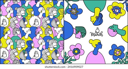 Happy Women Day greeting card and seamless pattern. Hand drawn line drawing diverse woman profile silhouette. Young girl team together for march 8th international womens event. Vector illustration.