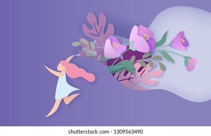 Happy Women Day holiday illustration. Paper cut girl running cutout on blue background with bouquet of flowers. Horizontal format desig fo greeting card. Vector paper art illustration. Paper cut style