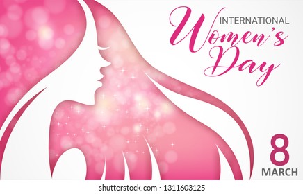 Happy Women Day holiday illustration. Paper cut girl head silhouette cutout with background with roses. Horizontal format design ideal for web banner or greeting card. Happy Women Day holiday illustration. Paper cut girl head silhouette cutout with background with roses. Horizontal format design ideal for web banner or greeting card.