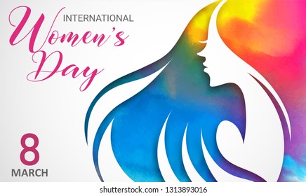 Happy Women Day holiday illustration. Paper cut girl head silhouette cutout with background with roses. Horizontal format design ideal for web banner or greeting card. 