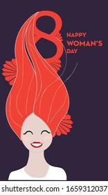 Happy Women Day holiday illustration. Paper cut girl head silhouette cutout with hand drawn spring and flower doodles. Horizontal format design ideal for web banner or greeting card. EPS10 vector. 