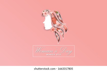 Happy Women Day holiday illustration. Paper cut girl head silhouette cutout with hand drawn spring and flower doodles. Horizontal format design ideal for web banner or greeting card. EPS10 vector.