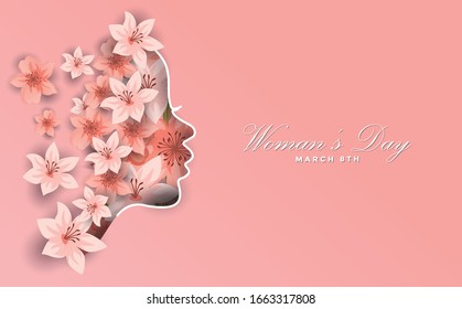Happy Women Day holiday illustration. Paper cut girl head silhouette cutout with hand drawn spring and flower doodles. Horizontal format design ideal for web banner or greeting card. EPS10 vector.