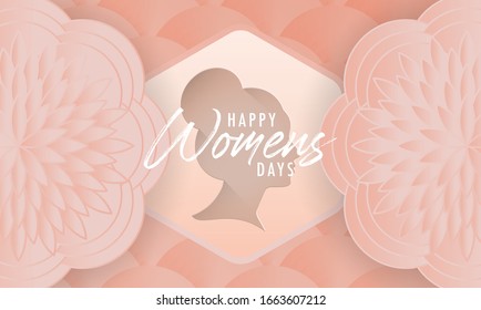 Happy Women Day holiday illustration. Paper cut girl head silhouette cutout with hand drawn spring and flower doodles. Horizontal format design ideal for web banner or greeting card. EPS10 vector.