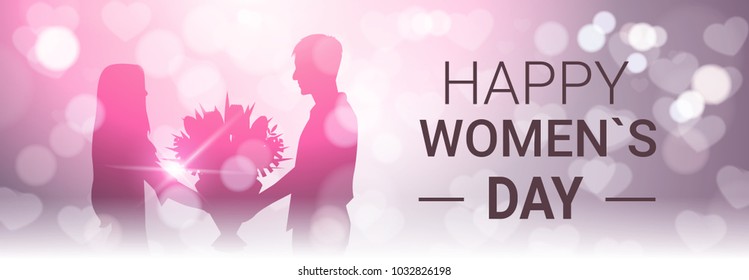 Happy Women Day Horizontal Banner With Silhoutte Man Present Girl Bouquet Of Flowers Beautiful Bokeh Background Vector Illustration