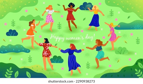 Happy Women Day. Independence freedom holiday for girls. Group of people have fun and run on grass. Poster with smiling multiracial female in dresses in forest. Cartoon flat vector illustration