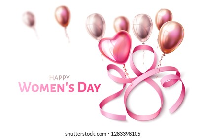 Happy women day poster. Number 8 eight made from silk ribbon with heart shape balloons on background of blurred balloons flying away. 8 of march internation women day holiday celebration vector design