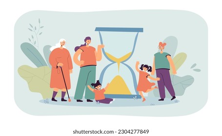 Happy women of different age vector illustration. Little girls running around while young, mature woman and senior lady standing at hourglass. Age, descent between generations, adolescence concept