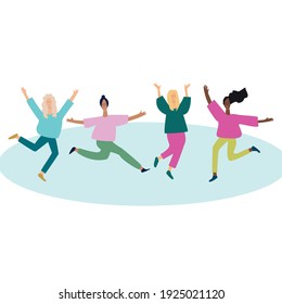 Happy women of different ethnicity dance and jump for joy. The concept of peace, love and happiness to be a woman. Vector illustration on white background 