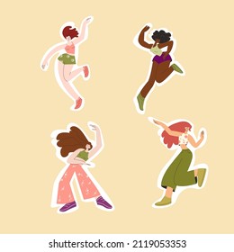 
Happy women of different nationalities are dancing. Stickers set. For dance lessons. Women's Day.